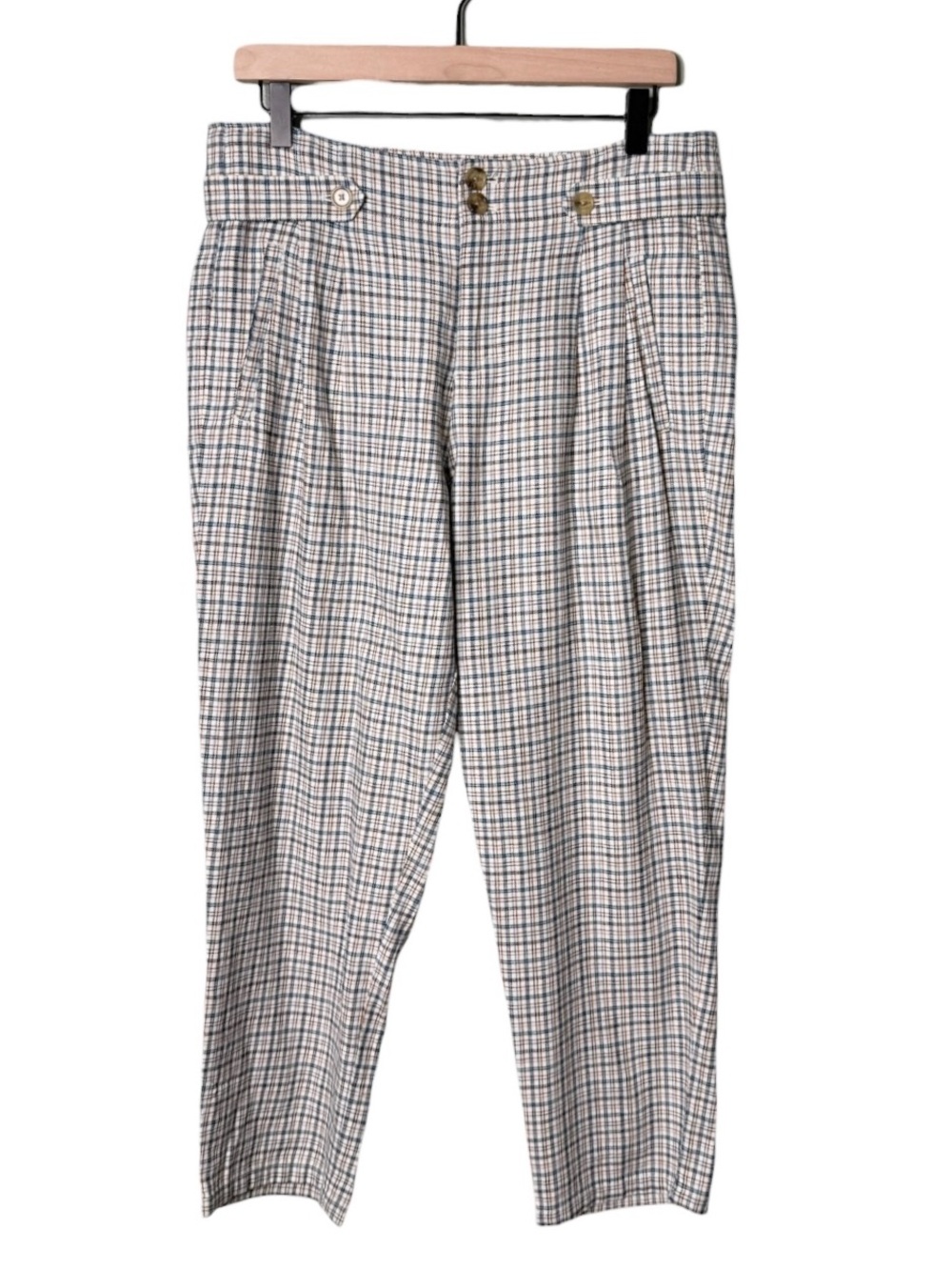 NEW Sundance Linen Life of Dreams Paperbag Pants Plaid Blue White Brown 8 Petite